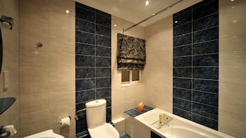 Combined shower/tub, hair dryer, towels