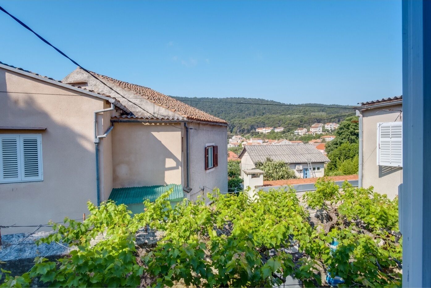 A residential area with houses, a vineyard, and a hilly landscape in the background.