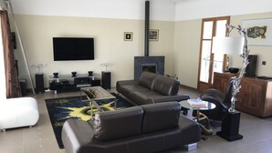 A modern living room with a sofa, a coffee table, a flat-screen TV, a fireplace, and a decorative sculpture. - At the top of the village, magnificent view of Mt Ventoux, private heated swimming pool (Bédoin)