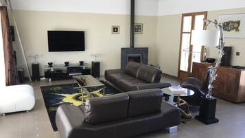 Smart TV, fireplace, video games, DVD player