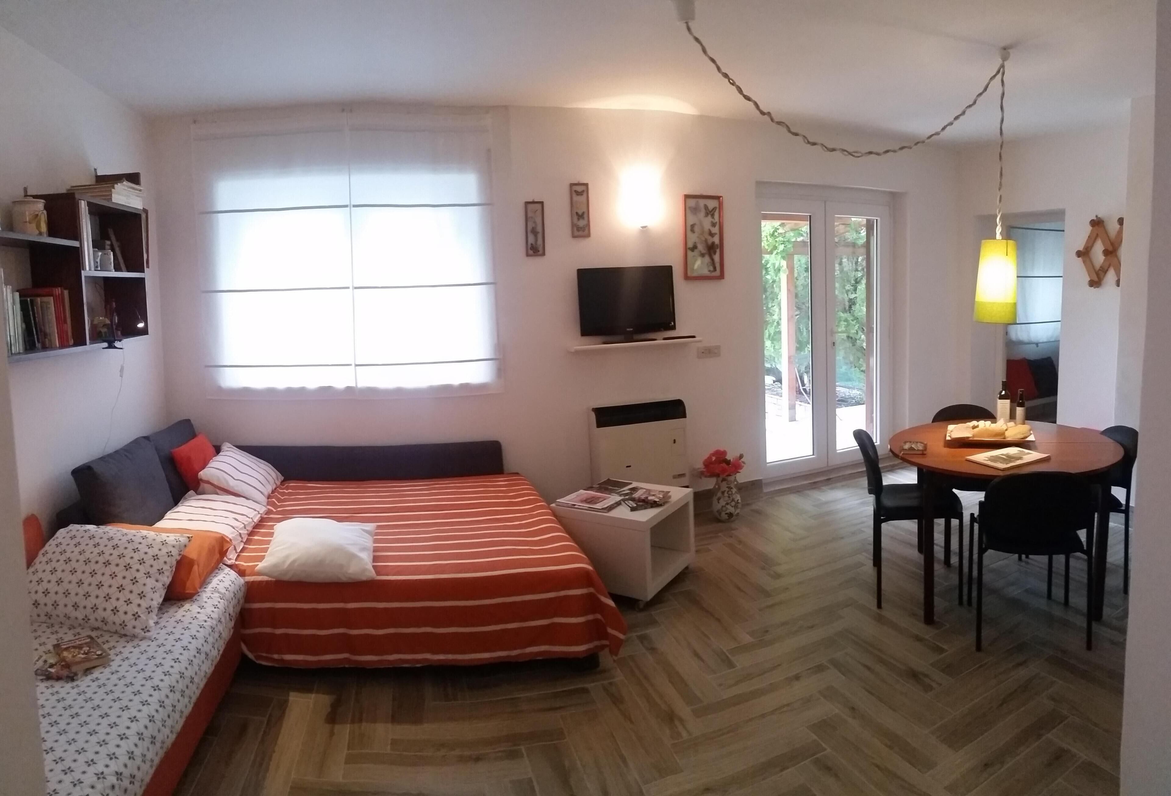A bedroom with a bed, a sofa, a TV, a dining table with chairs, and a window.