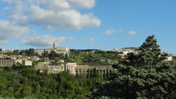 A historic town with a prominent church on a hill, surrounded by lush greenery and a clear sky.