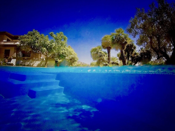 Une piscine d’un bleu éclatant, avec des marches permettant d’y accéder, entourée d’arbres et d’un bâtiment.