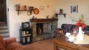 Una sala de estar acogedora con chimenea, un sofá, un televisor y una mesa con tazas y un florero.