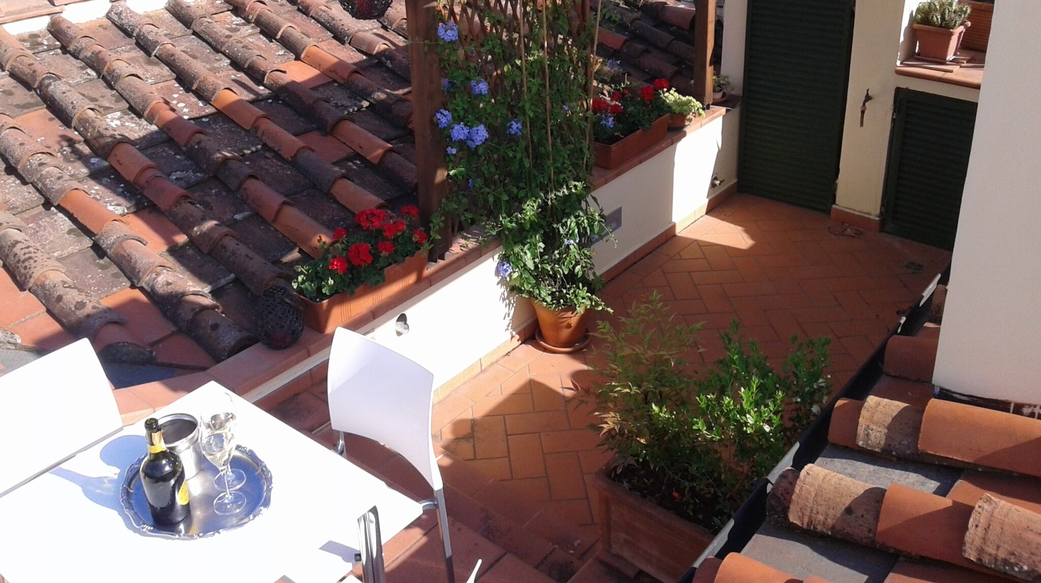 Une terrasse sur le toit, avec des carreaux de terre cuite, des plantes en pot et une table sur laquelle se trouvent une bouteille et un verre.