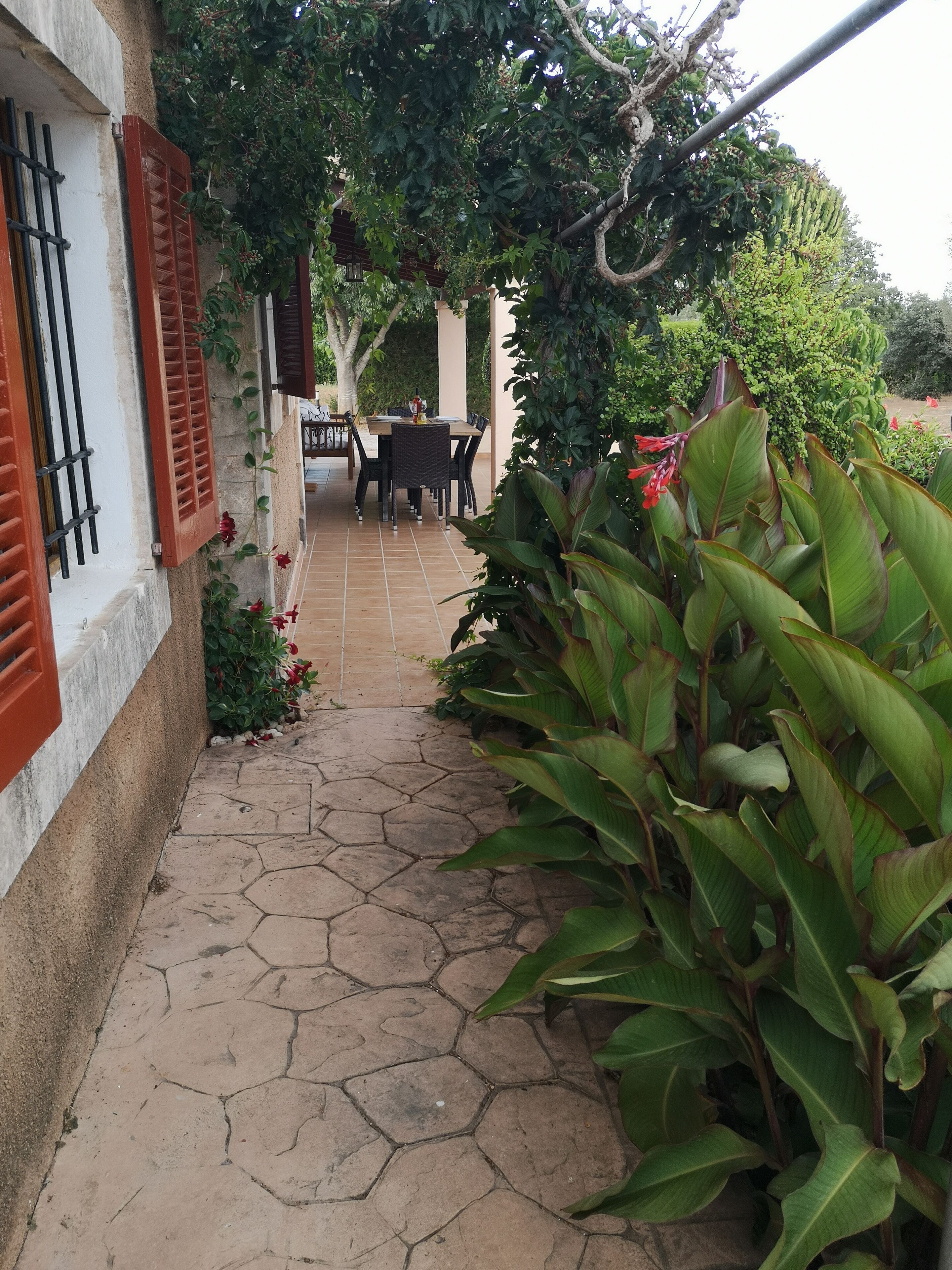 A paved pathway leading to a covered outdoor seating area with a table and chairs.