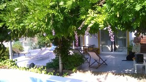 A covered outdoor seating area with tables and chairs, surrounded by lush greenery and hanging purple flowers. - Farmhouse - Sea and Mountains (Setubal)