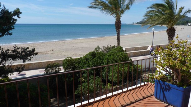 Une terrasse avec vue sur une plage et des palmiers.