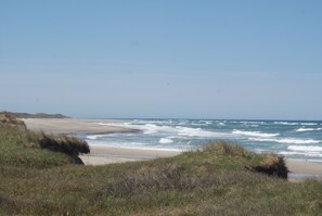 Une plage avec des vagues, des dunes herbeuses et un ciel dégagé.