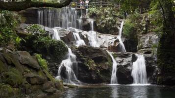 Ein mehrstufiger Wasserfall mit einer Holzbrücke, umgeben von üppigem Grün.