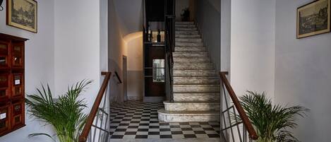 A staircase with a checkered floor, flanked by two potted plants, leading to a dark interior.