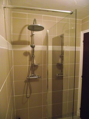 Shower, hair dryer, towels, soap