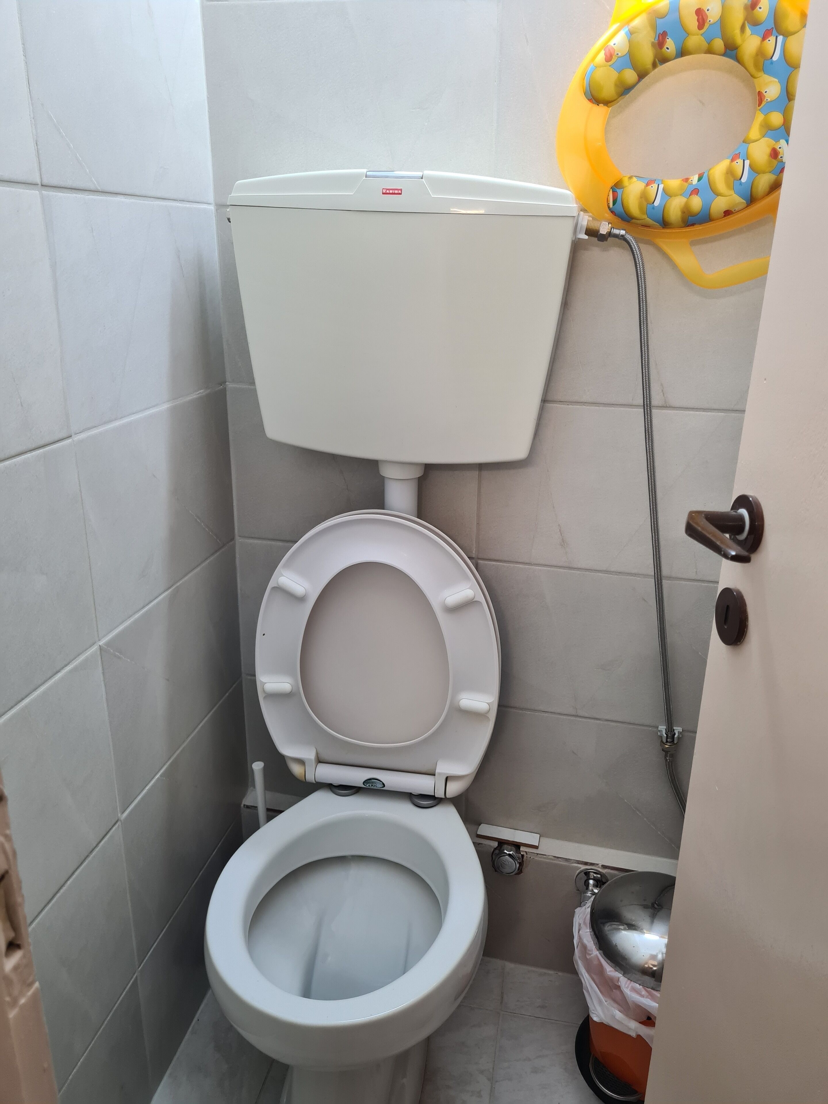 A bathroom with a toilet, a shower, and a yellow duck-patterned bath mat.