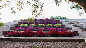 A garden with wooden steps leading up to a wooden platform, surrounded by gravel and various colorful flowers. - Magnificent Villa in Alberobello with Trulli and exclusive salt water swimming pool (Alberobello)