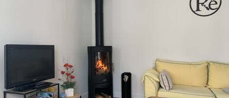 Tv, eldstad, böcker och en stereo