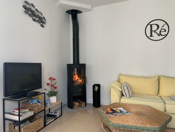 تلفزيون، مدفأة، كُتُب، ستيريو