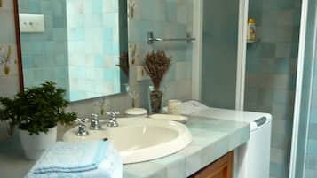 Shower, hair dryer, bidet, towels