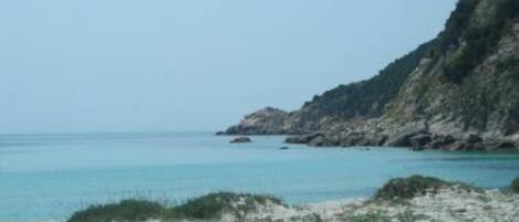 On the beach, sun loungers