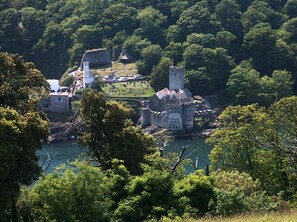 A historic castle surrounded by lush greenery and a body of water.