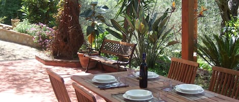 An outdoor wooden table set for dining with chairs, surrounded by lush greenery and a bench.