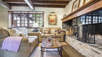 Fernseher, Kamin, DVD-Player, Bücher