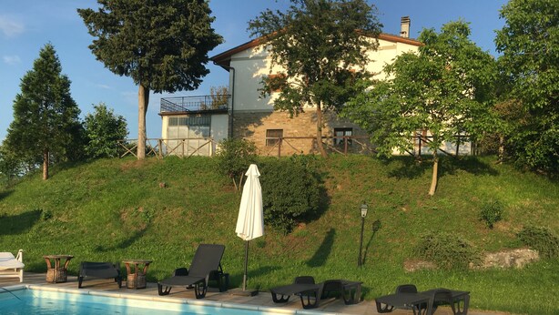 Una piscina con lettini e un ombrellone, circondata da un pendio erboso e alberi.