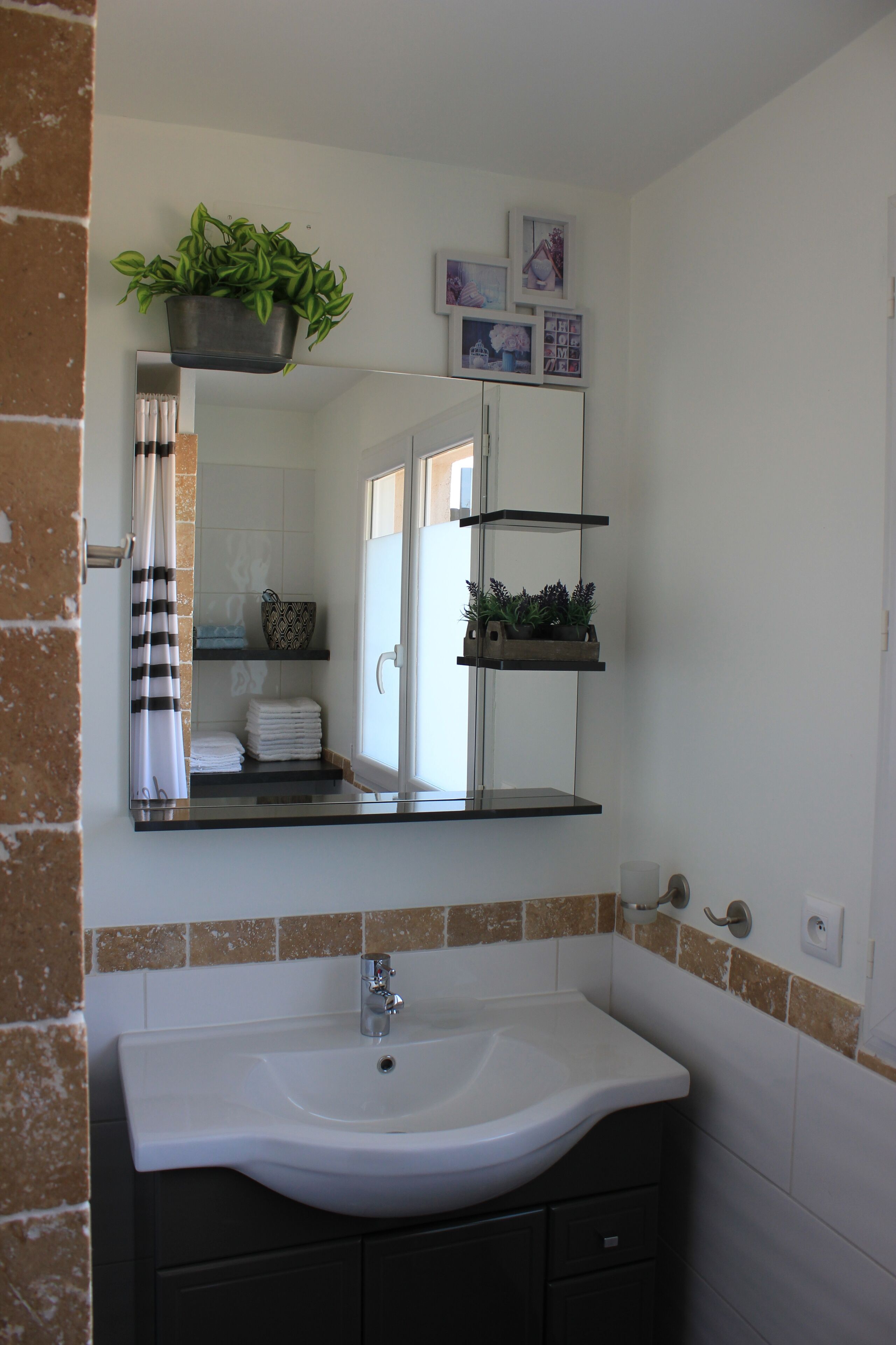 Ein Badezimmer mit einem weißen Waschbecken, einem Spiegel und Regalen mit Pflanzen.