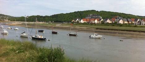 A calm river with boats, surrounded by greenery and houses with red roofs.