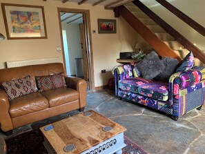 Älytelevisio, takka, DVD-soitin, kirjoja