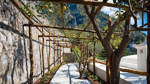 Eine Pergola mit Zitronenbäumen, eine Steinmauer und ein Weg.