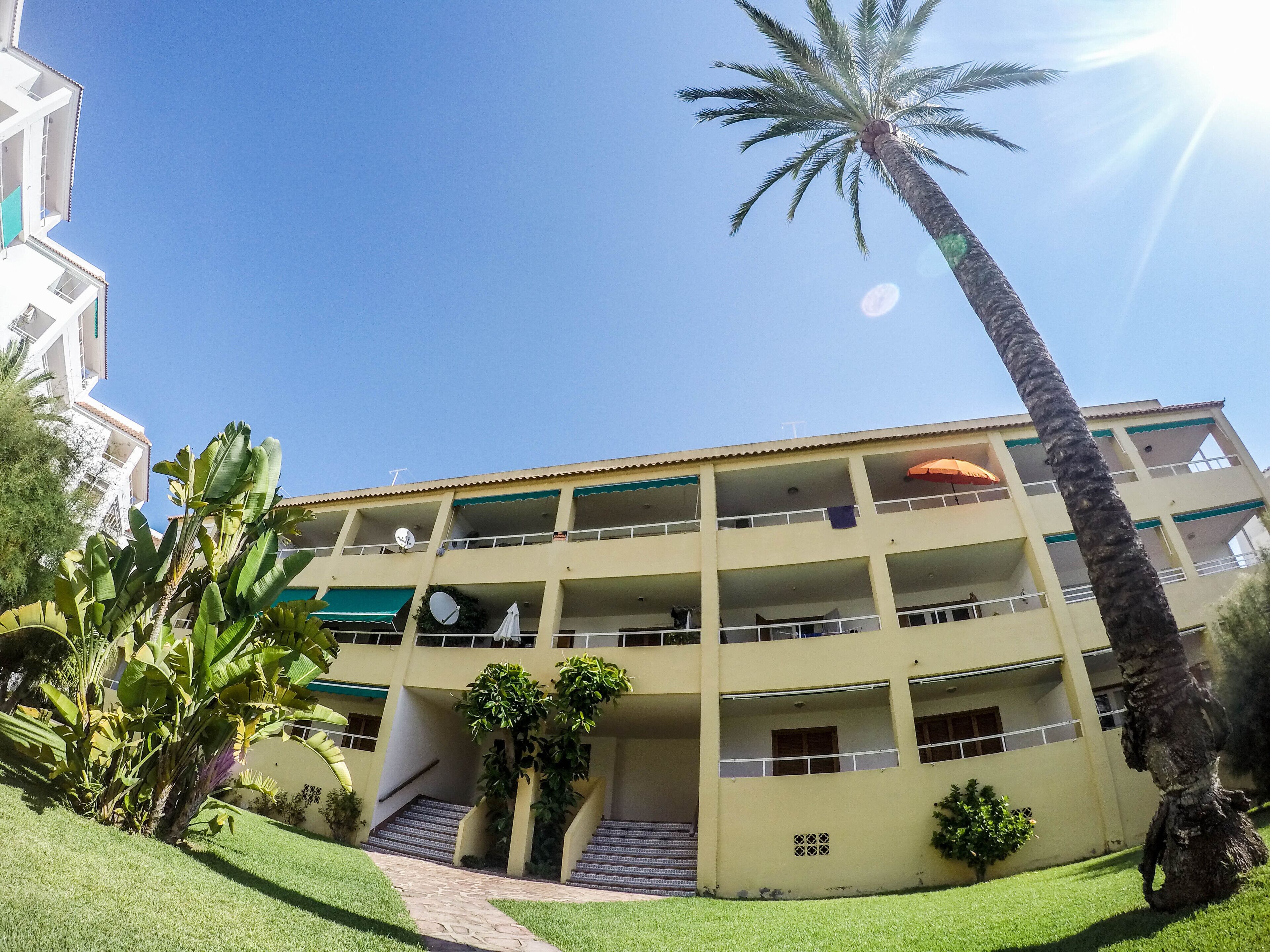 A multi-story building with balconies, a central staircase, and a palm tree.