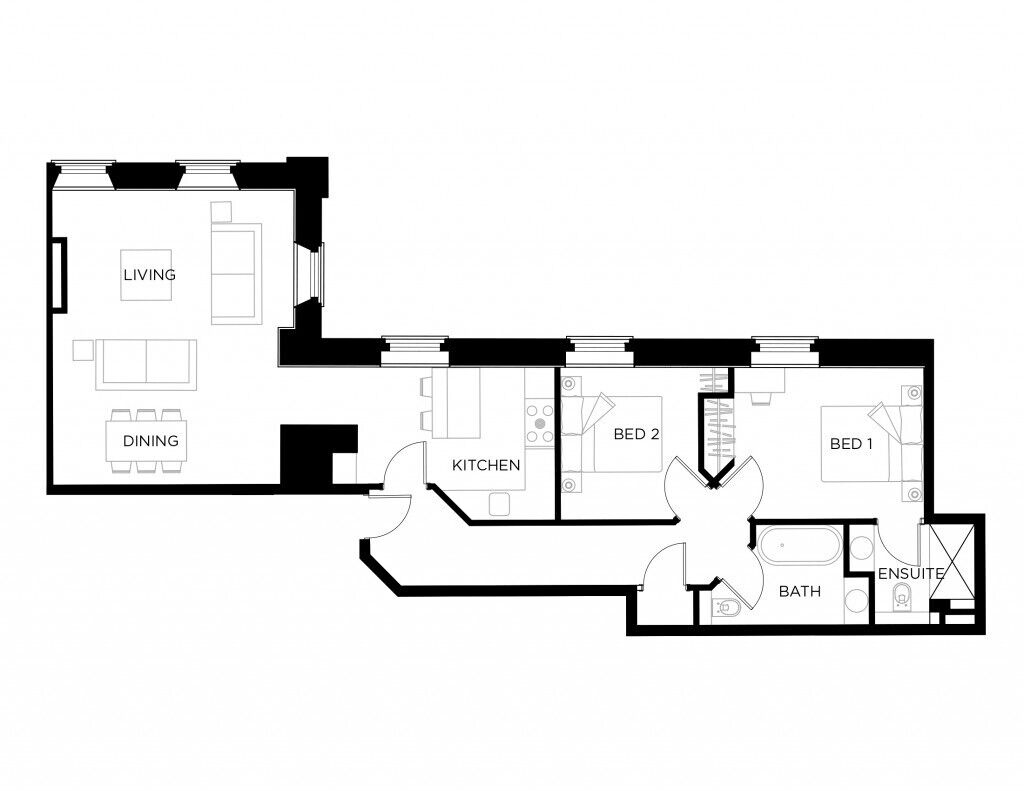 A floor plan with a living room, dining area, kitchen, two bedrooms, a bathroom, and an ensuite.