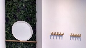 A room with a green leafy wall, a wooden stool, and two wooden shelves with a mirror and a small wooden structure.