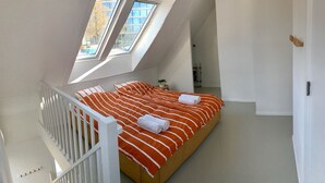 A bedroom with a large bed, two skylights, white walls, and a white door.