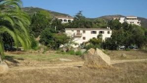A hillside property with multiple white buildings, surrounded by greenery and palm trees.