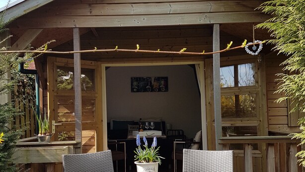 A wooden cabin with a covered patio, a dining table with chairs, and a potted plant. - Attractive detached house with all amenities and garden / terrace, lots of privacy! (Amerongen)