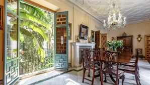 A dining room with a large wooden table, ornate chairs, a chandelier, and a view through a glass door with a geometric pattern.