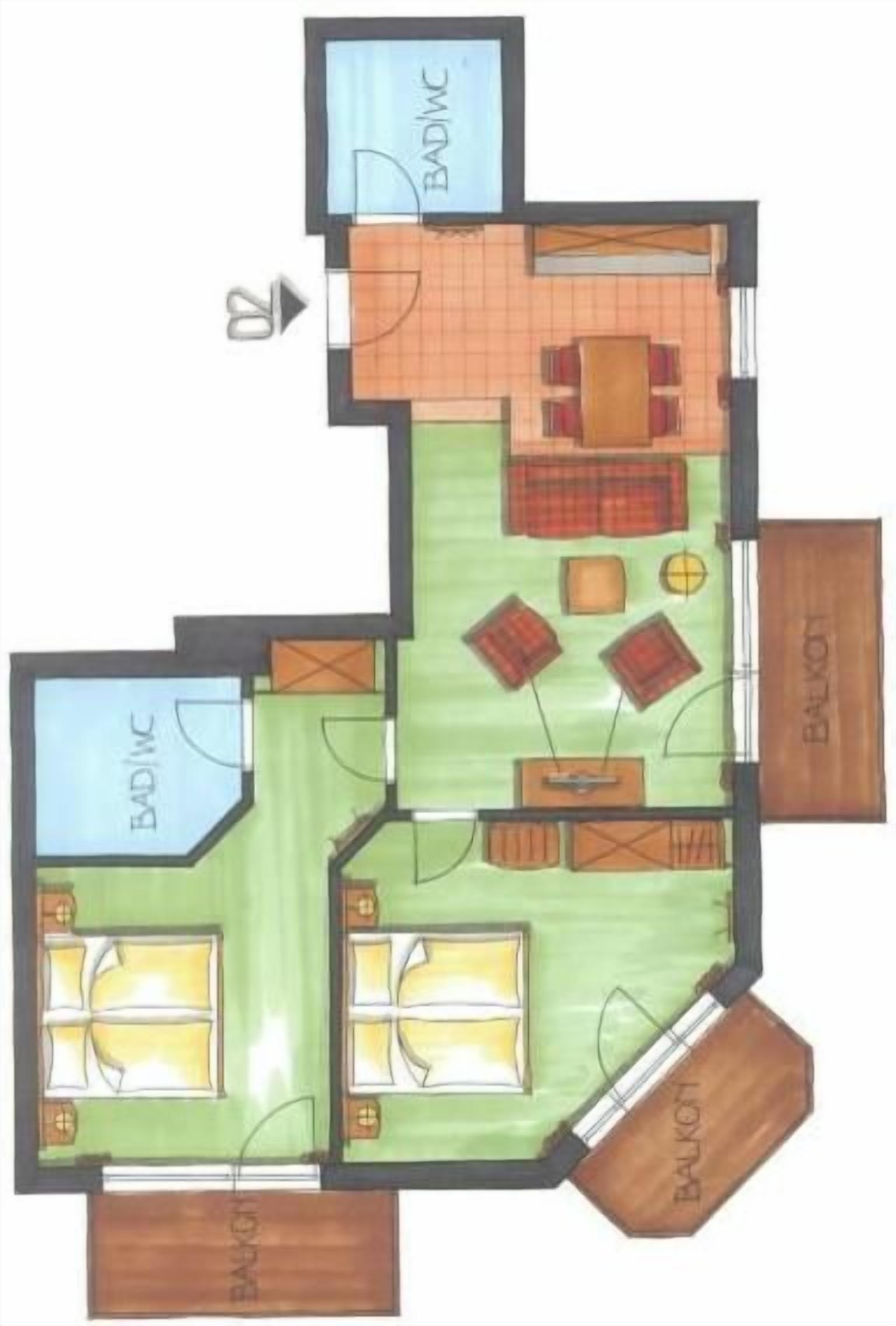 A floor plan of a hotel room with a balcony, a bathroom, a living area with a sofa and a table, and a small kitchen area.