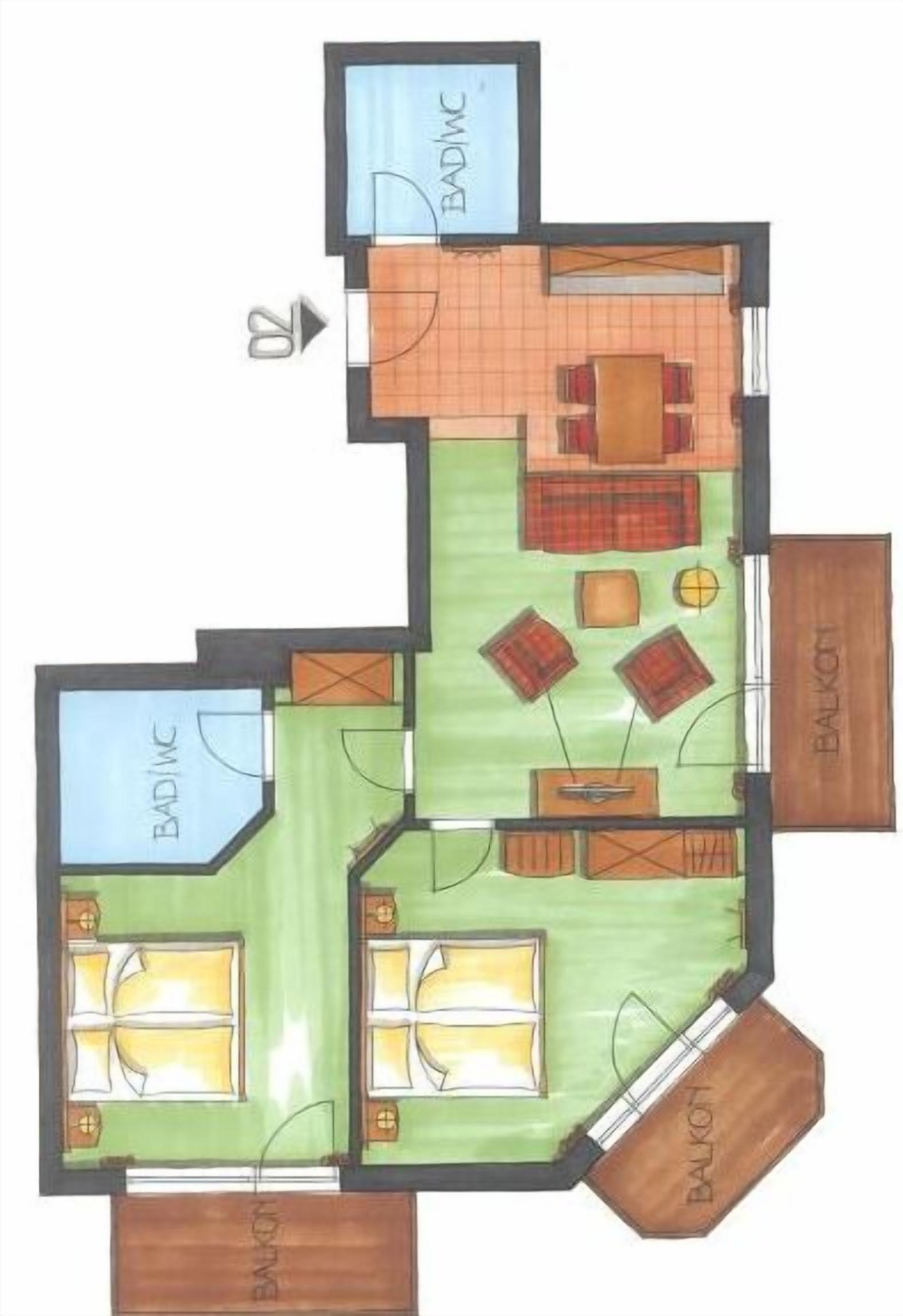 Plano de planta que muestra una sala de estar, dos dormitorios, un baño y un balcón.
