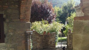 Un arco de piedra al aire libre que da a un patio con una puerta de metal, rodeado de abundante vegetación y vistas a colinas al fondo.