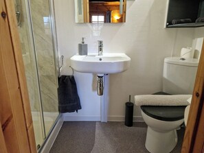 Une petite salle de bain dotée d’une douche à parois de verre, d’un lavabo blanc avec un seul robinet et de toilettes avec un abattant noir.