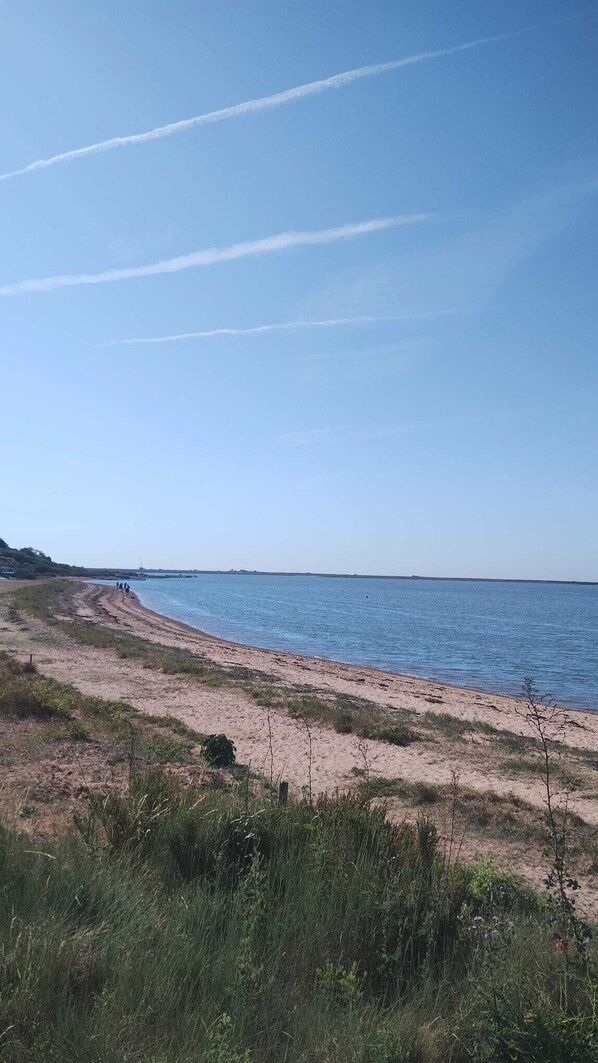 A beach with a clear sky and a distant shoreline.