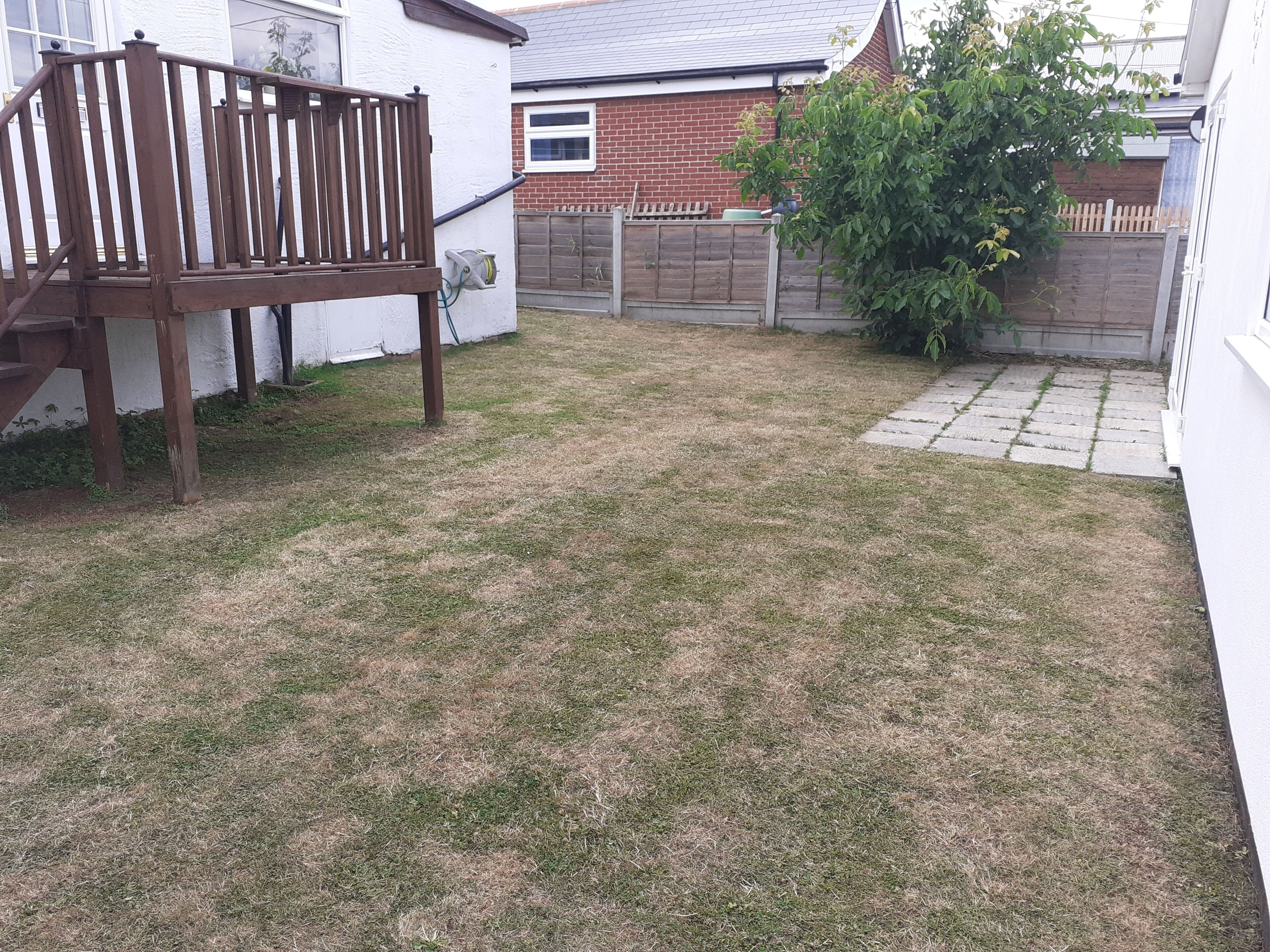 A backyard with a wooden fence, a bench, and a small garden area.