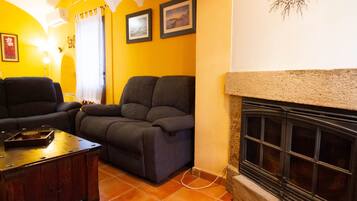 Televisión, chimenea y libros