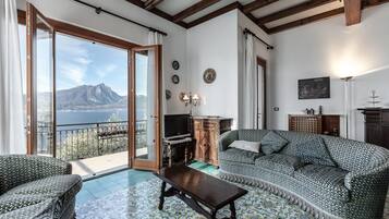 Smart-tv, eldstad, dvd-spelare och böcker