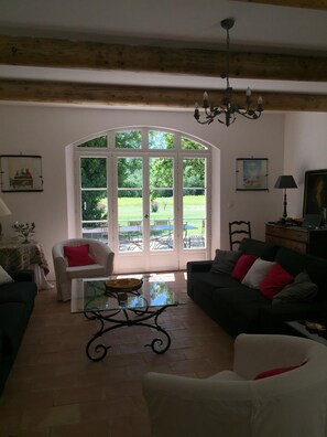 Télévision, cheminée, lecteur de DVD, livres