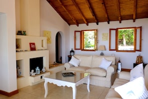Fireplace, books - Spacious villa in extensive private grounds overlooking Ahai bay near Erimitis (Mpoikatika)