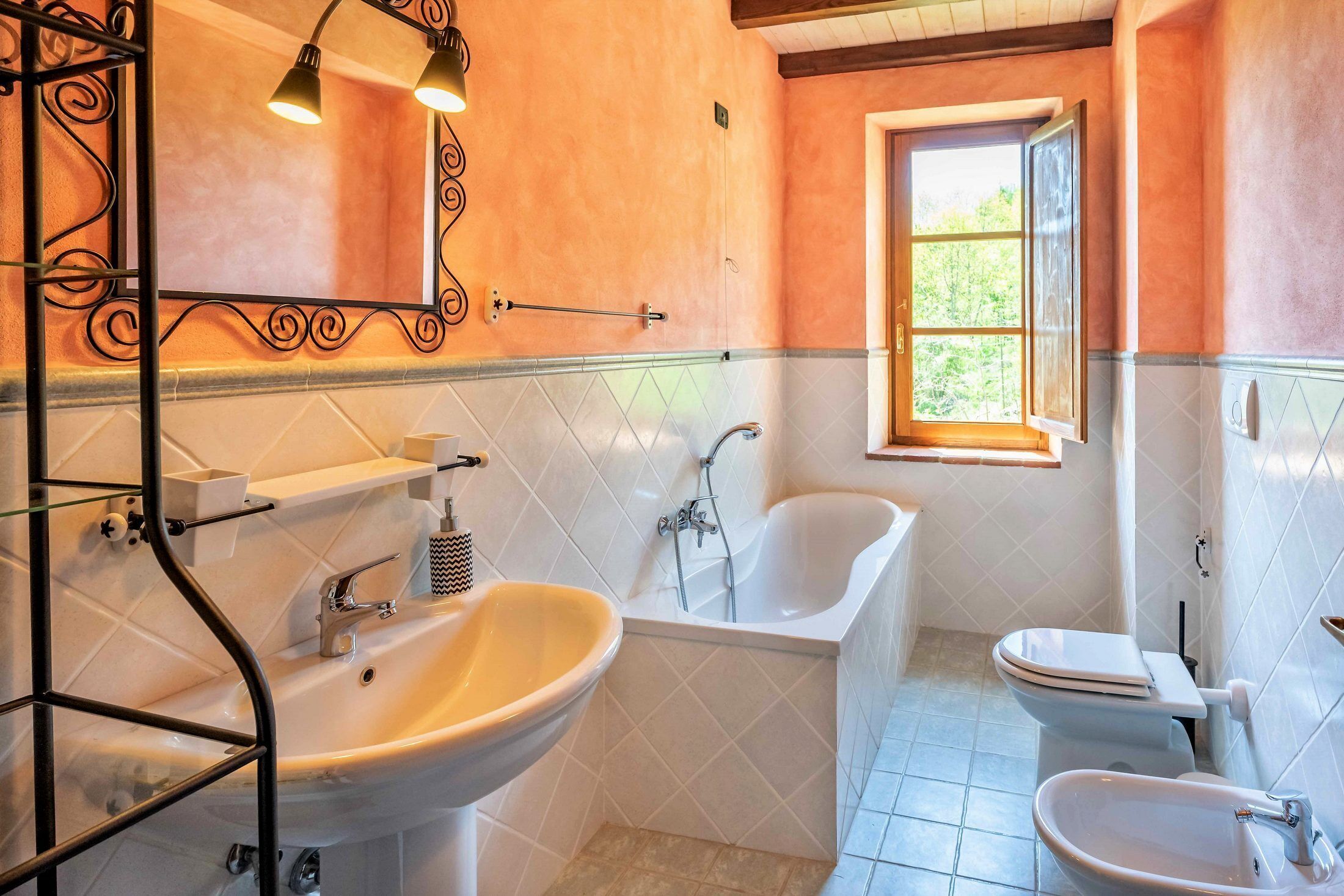 Combined shower/tub, hair dryer, bidet, towels