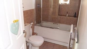 Combined shower/bathtub, hair dryer, towels, toilet paper