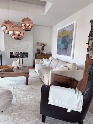 Smart TV, chimenea, reproductor de DVD, libros